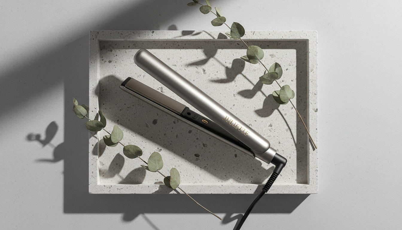 A refined flat iron with a brushed satin finish rests diagonally on a minimalist stone tray, surrounded by delicate, dried eucalyptus branches in subdued greens and greys. The flat iron’s subtle brand emboss stands out with a hint of matte gold. Soft, indirect studio lighting bathes the scene, creating gentle highlights on the metal and forming pleasing, soft-edged shadows on the tray. Captured from a slightly top-down angle with center-weighted framing and ample negative space, the image presents a harmonious blend of elegance and restrained luxury, embodying the high-end nature of the Juliette hair straightening experience.