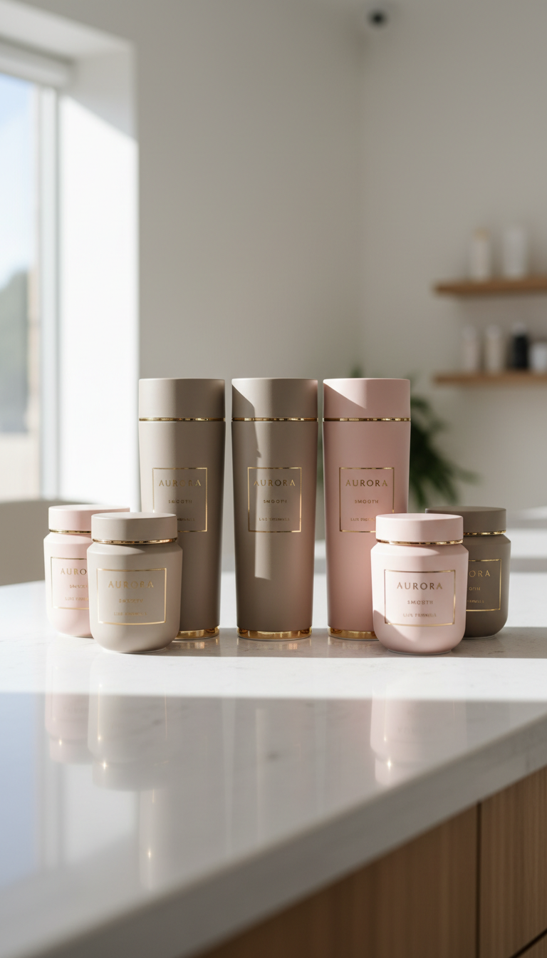 A collection of sleek, ceramic hair care bottles with minimalist matte labels in muted taupe and blush tones, arranged with careful symmetry atop a clean, pale quartz salon surface. The bottles feature subtle gold accents and refined curves, echoing sophistication and understated luxury. Soft diffused daylight enters from an unseen window, highlighting gentle gradients on each bottle while casting delicate, elongated shadows across the counter. The overall composition is balanced and uncluttered, shot at a slightly elevated angle with shallow depth of field for an elegant, modern visual. The mood is serene and polished, encapsulating the premium, bespoke essence of a hair straightening business.